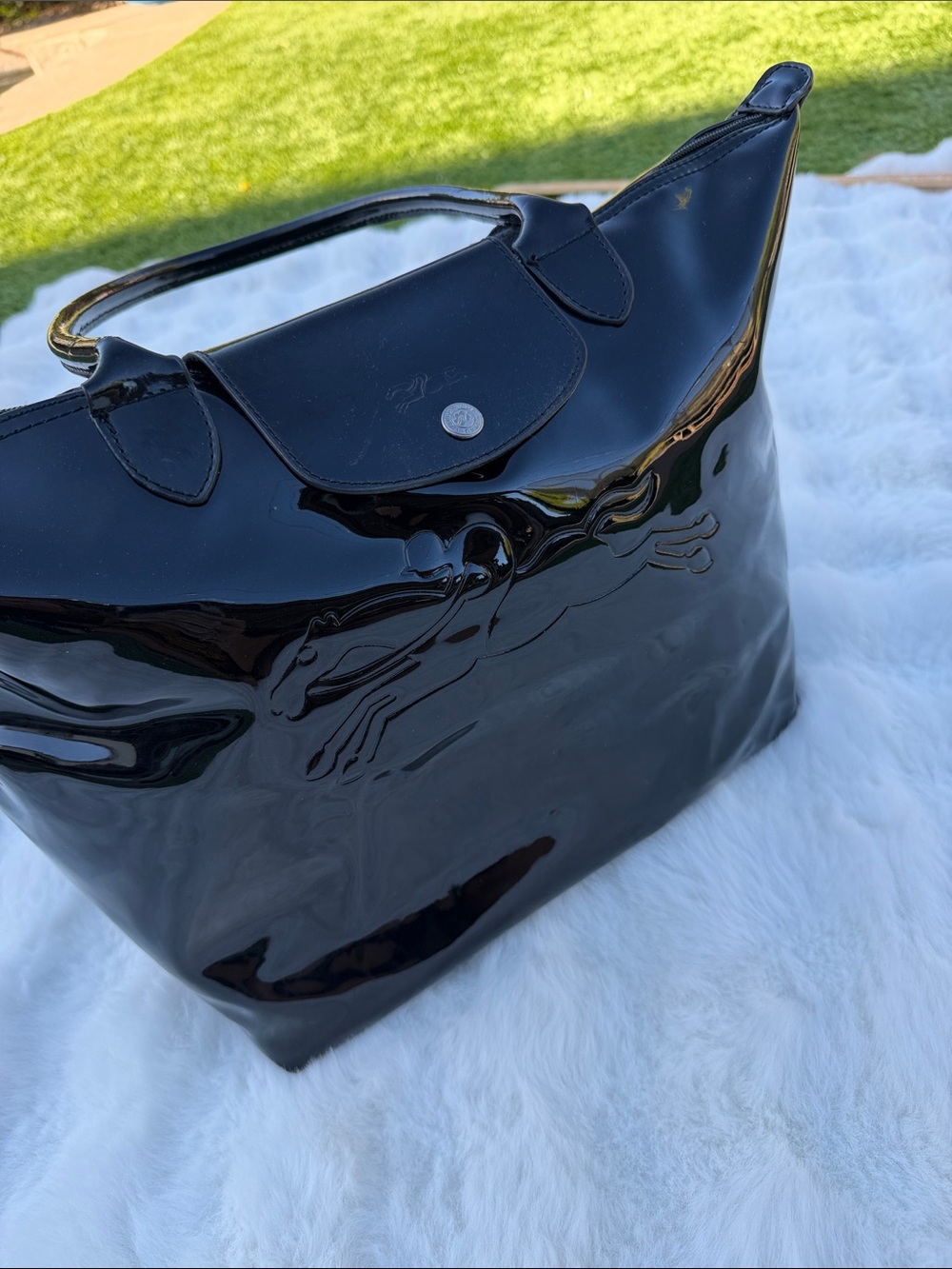 Longchamp Le Pliage Black Patent Leather Large Tote Shoulder Bag - Picture 3 of 16